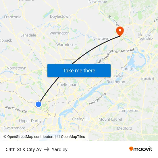 54th St & City Av to Yardley map