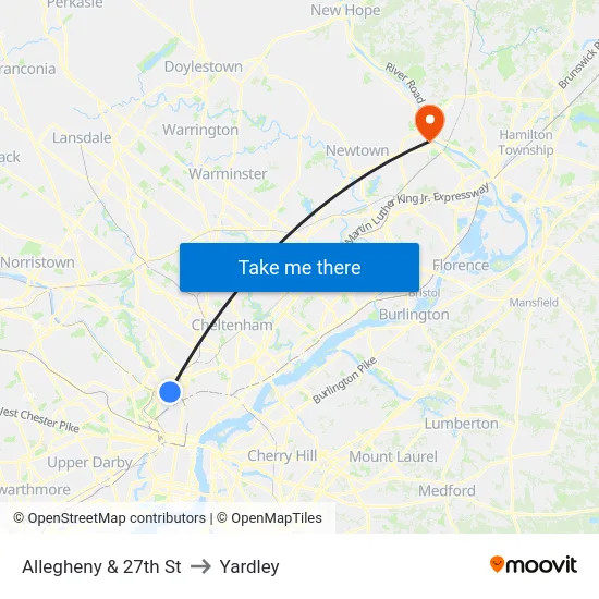 Allegheny & 27th St to Yardley map