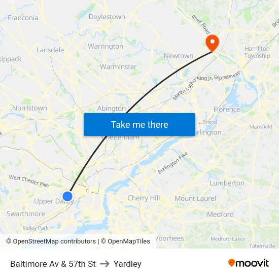 Baltimore Av & 57th St to Yardley map