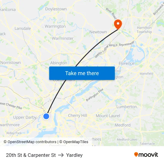 20th St & Carpenter St to Yardley map