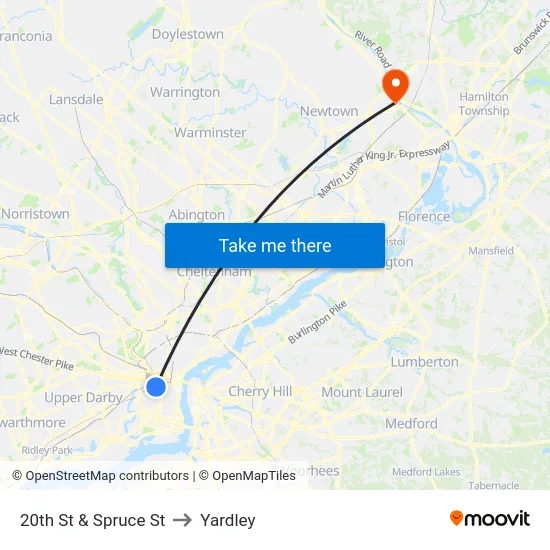 20th St & Spruce St to Yardley map