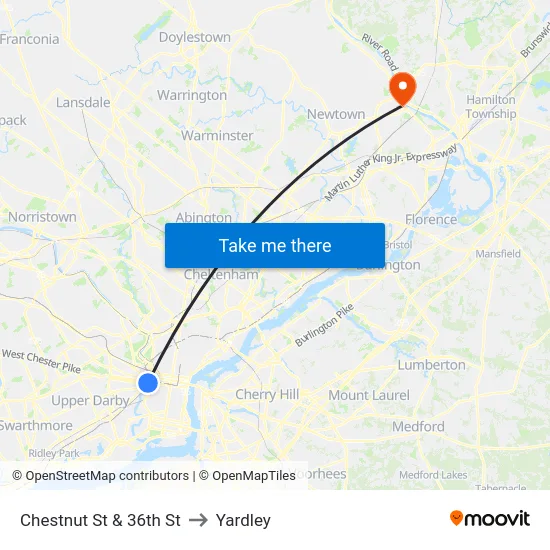 Chestnut St & 36th St to Yardley map