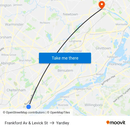 Frankford Av & Levick St to Yardley map
