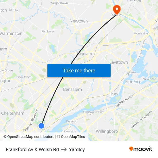Frankford Av & Welsh Rd to Yardley map