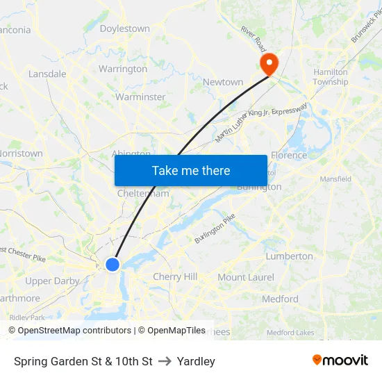 Spring Garden St & 10th St to Yardley map