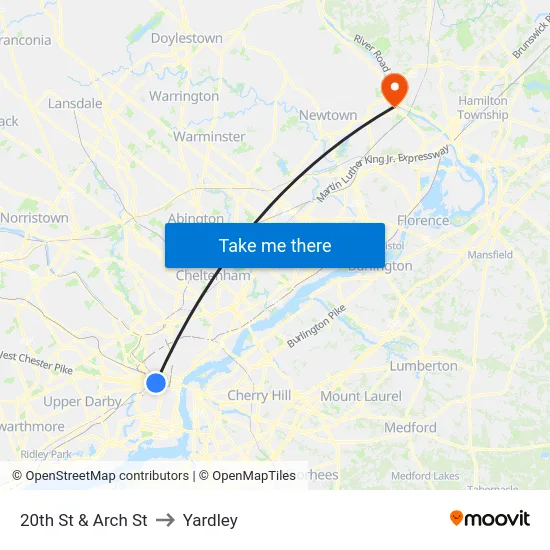 20th St & Arch St to Yardley map