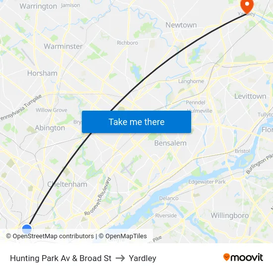 Hunting Park Av & Broad St to Yardley map