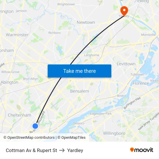 Cottman Av & Rupert St to Yardley map