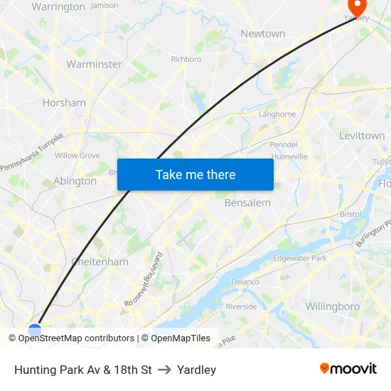 Hunting Park Av & 18th St to Yardley map