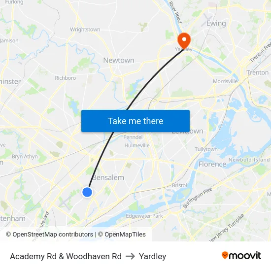 Academy Rd & Woodhaven Rd to Yardley map