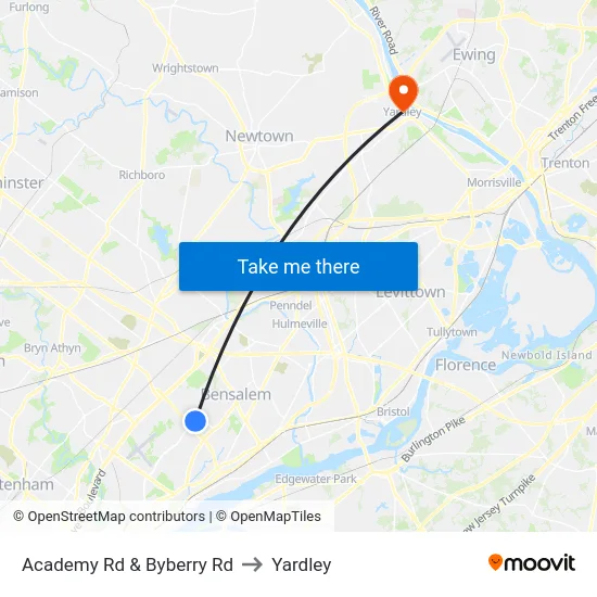 Academy Rd & Byberry Rd to Yardley map