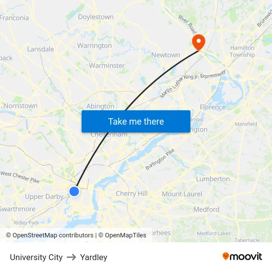 University City to Yardley map