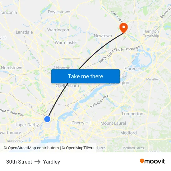 30th Street to Yardley map