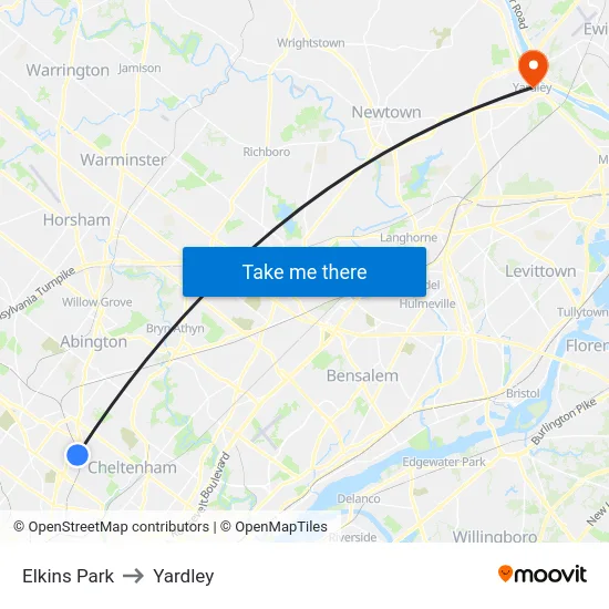 Elkins Park to Yardley map
