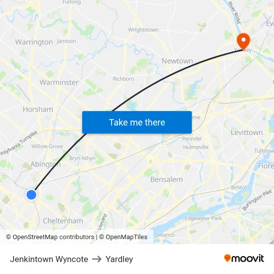 Jenkintown Wyncote to Yardley map