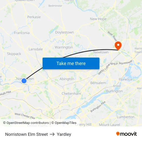 Norristown Elm Street to Yardley map