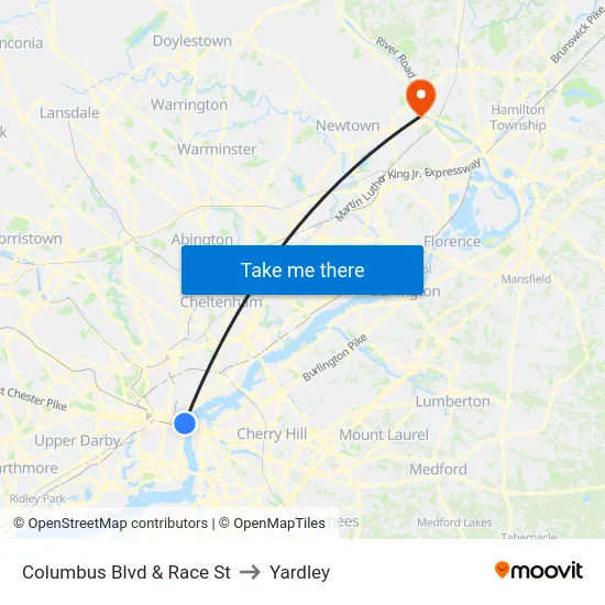 Columbus Blvd & Race St to Yardley map