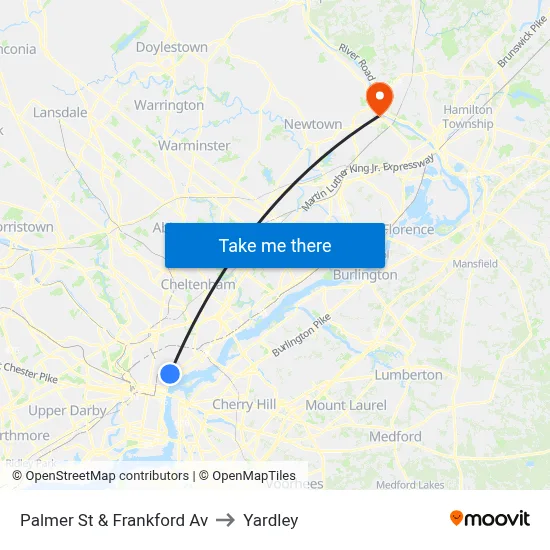 Palmer St & Frankford Av to Yardley map