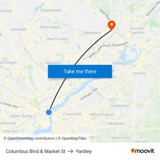 Columbus Blvd & Market St to Yardley map
