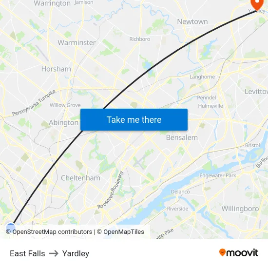 East Falls to Yardley map