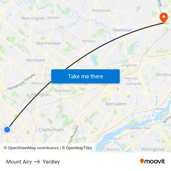 Mount Airy to Yardley map