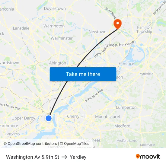 Washington Av & 9th St to Yardley map