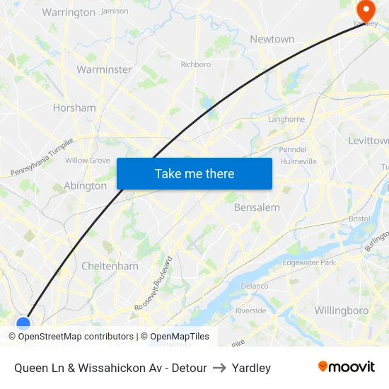 Queen Ln & Wissahickon Av - Detour to Yardley map