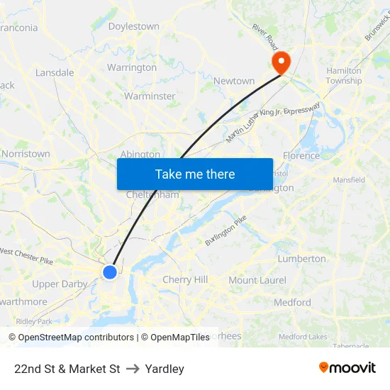 22nd St & Market St to Yardley map