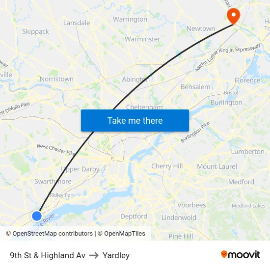 9th St & Highland Av to Yardley map