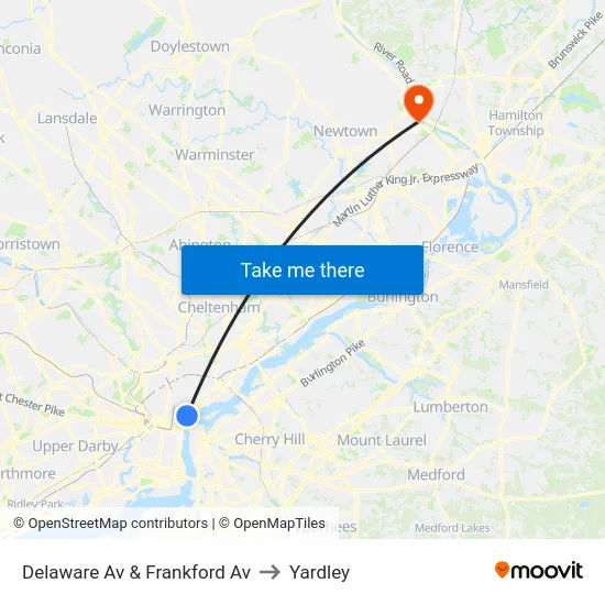 Delaware Av & Frankford Av to Yardley map