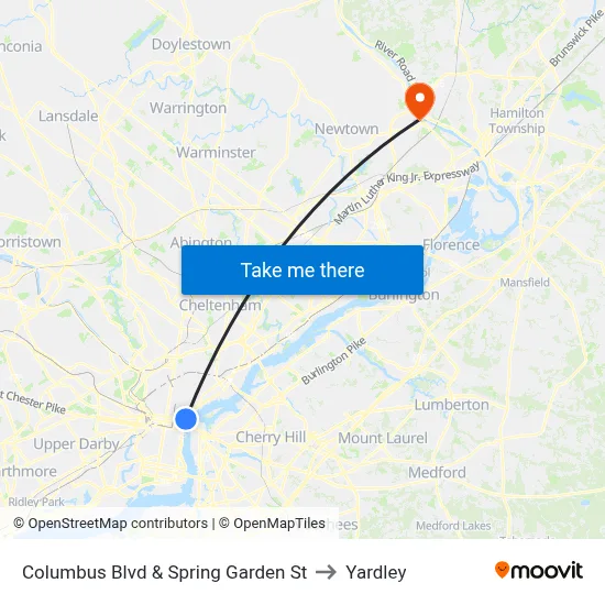 Columbus Blvd & Spring Garden St to Yardley map