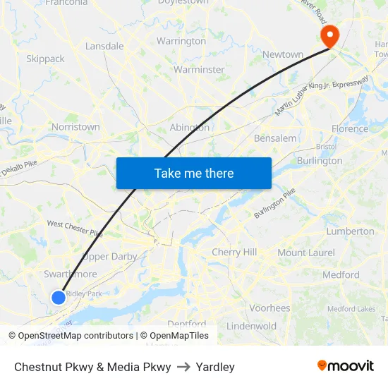 Chestnut Pkwy & Media Pkwy to Yardley map