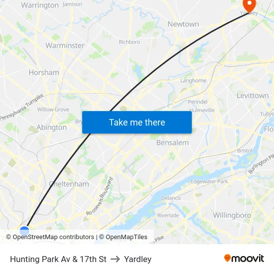 Hunting Park Av & 17th St to Yardley map