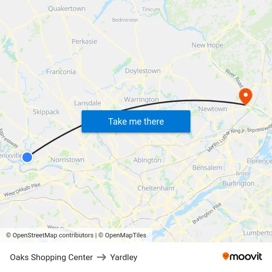 Oaks Shopping Center to Yardley map