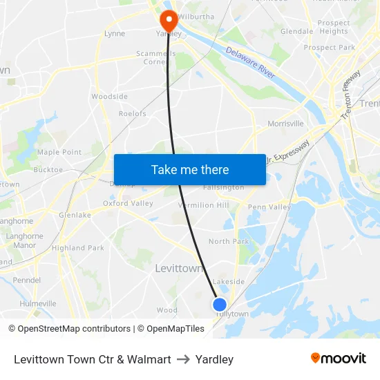 Levittown Town Ctr & Walmart to Yardley map