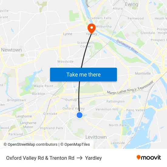 Oxford Valley Rd & Trenton Rd to Yardley map