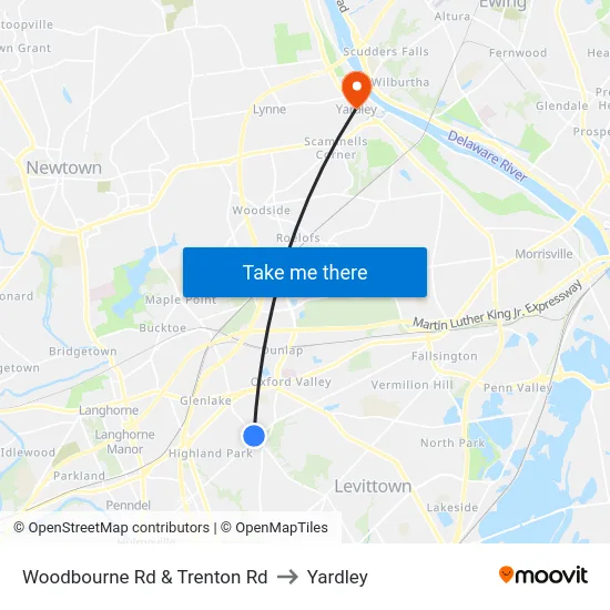 Woodbourne Rd & Trenton Rd to Yardley map