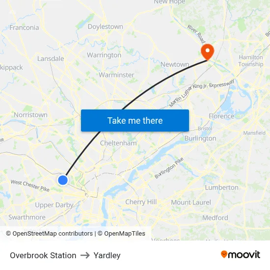 Overbrook Station to Yardley map