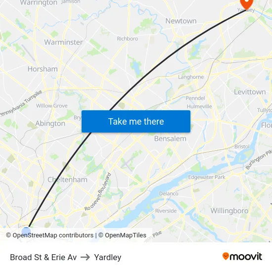 Broad St & Erie Av to Yardley map