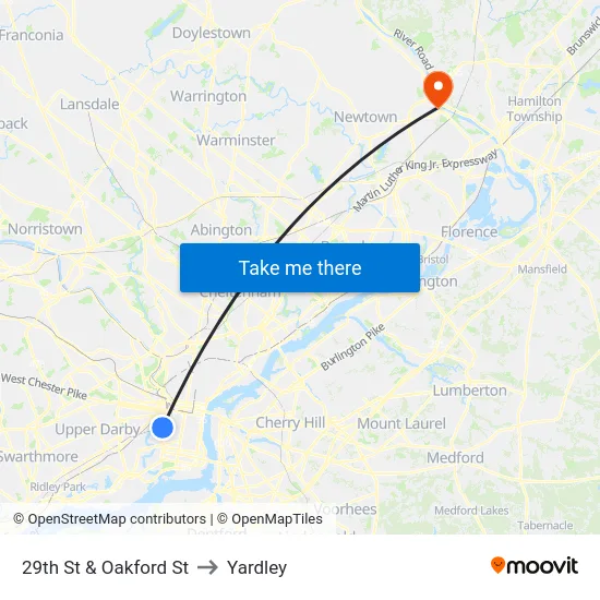 29th St & Oakford St to Yardley map