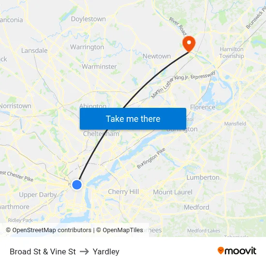 Broad St & Vine St to Yardley map