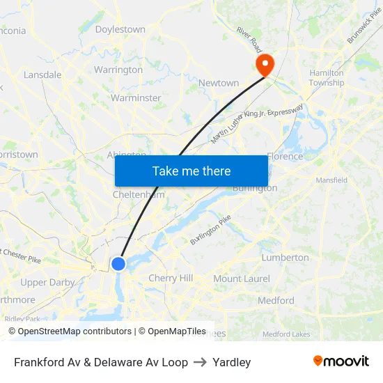 Frankford Av & Delaware Av Loop to Yardley map