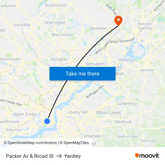 Packer Av & Broad St to Yardley map