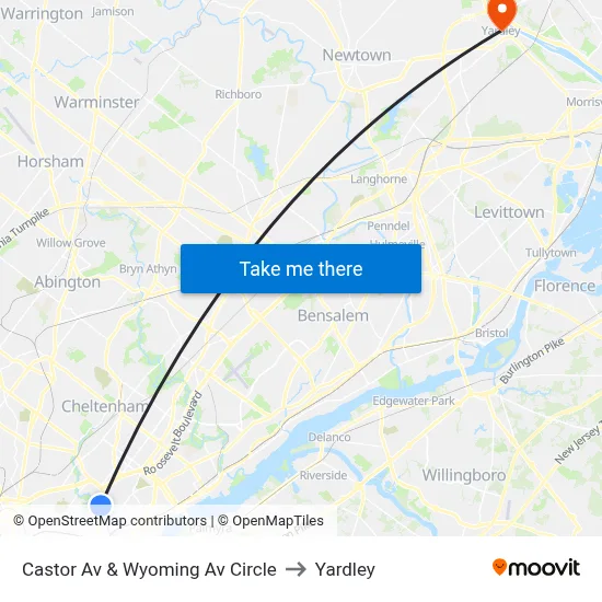 Castor Av & Wyoming Av Circle to Yardley map