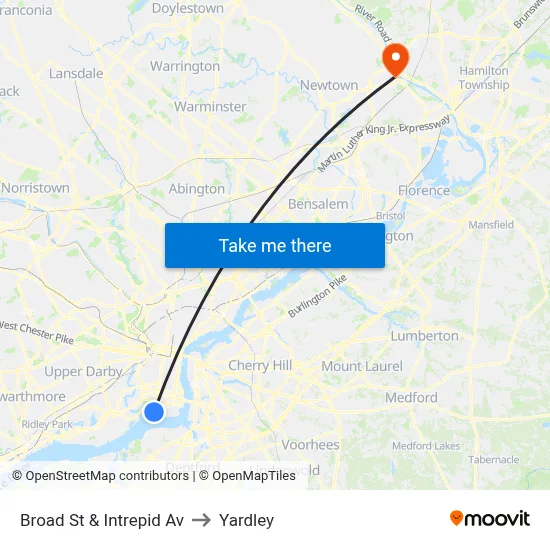 Broad St & Intrepid Av to Yardley map