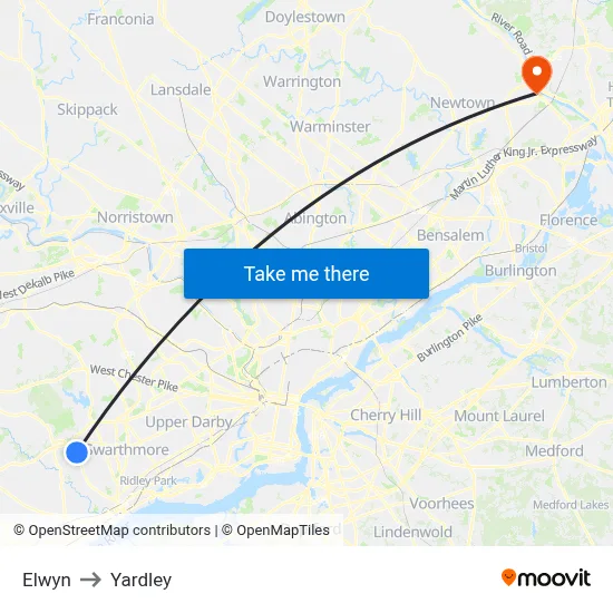 Elwyn to Yardley map