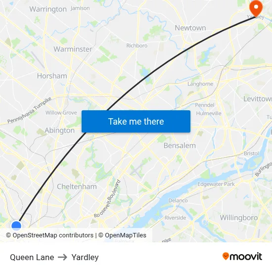 Queen Lane to Yardley map