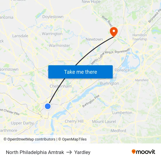 North Philadelphia Amtrak to Yardley map
