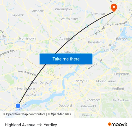 Highland Avenue to Yardley map