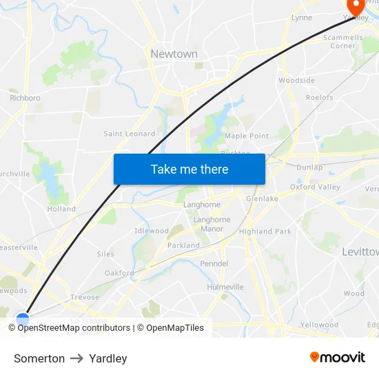 Somerton to Yardley map
